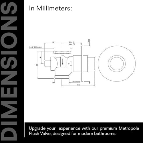 Image of Jaquar Metropole Flush Valve Regular 40mm (Concealed Body) with Exposed Shut-Off Provision & Round Flange - Durable Brass Construction, Easy Installation - Chrome