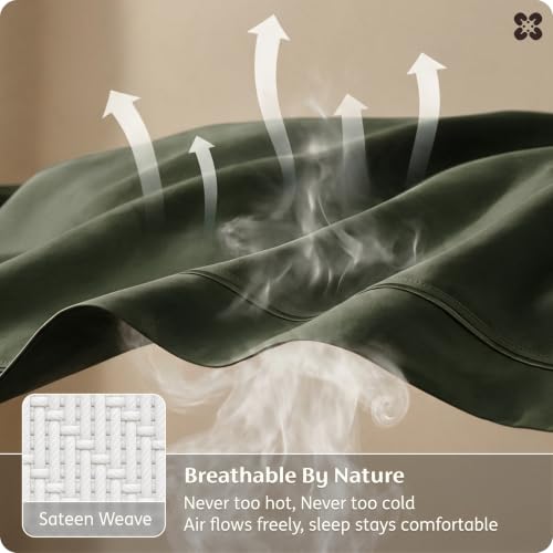 Image of Bedsure PureWoven 100% Giza Egyptian Cotton King Sheets, CEA & BV Certified | 18 inch Deep Pocket Sateen Sheets with Corner Straps, Durable & All-Season Breathable, Hotel Luxury, Oeko-Tex, Olive Green