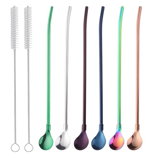 GWEOR Lot de 6 cuillères avec 2 brosses de nettoyage paille paille inox bombilla maté, paille inox en acier inoxydable, pour thé, café, jus, milkshakes,...