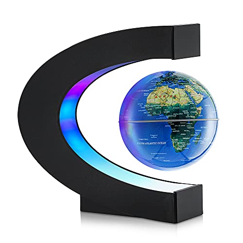 Spolehli Magnetic Levitation Globe, 3 Inch Levitation Floating Globe with LED Lights, World Map Globe with C Shape Base, Good Gifts for Students Men Fathers Teachers Birthday Gift Present (Blue)
