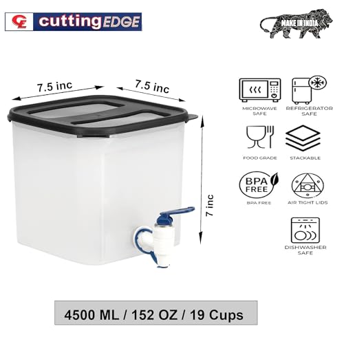 Image of Cutting EDGE 4.5 Liters Plastic Dispenser Jar with Tap,Water Pitcher for Juice,Drinks & Beverages at Home & Kitchen,Picnic,Office,Square Shape Container & Wide Mouth Allow Easy Filling (Black Lid)