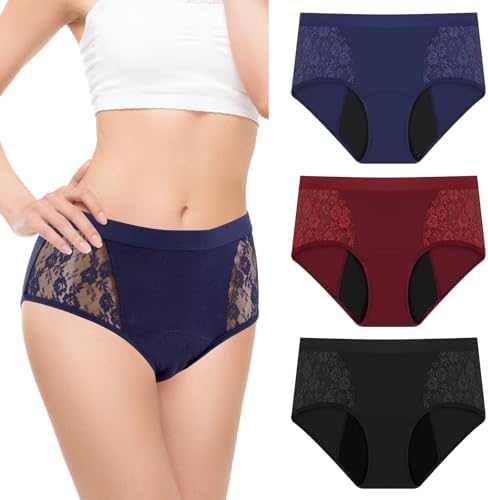 3-Pack Incontinence Underwear for Women, Leak Proof Underwear for Women Washable & Reusable for Leakage Protective Panties(Medium,Black/Red/Blue)