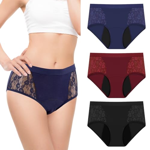 3-Pack Incontinence Underwear for Women, Leak Proof Underwear for Women Washable & Reusable for Leakage Protective Panties(Medium,Black/Red/Blue)