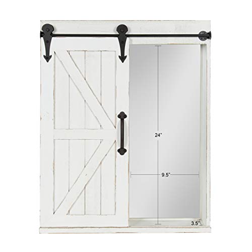 Kate And Laurel Cates Decorative Wood Wall Storage Cabinet With Vanity Mirror And Sliding Barn Door, Rustic White #TOP4