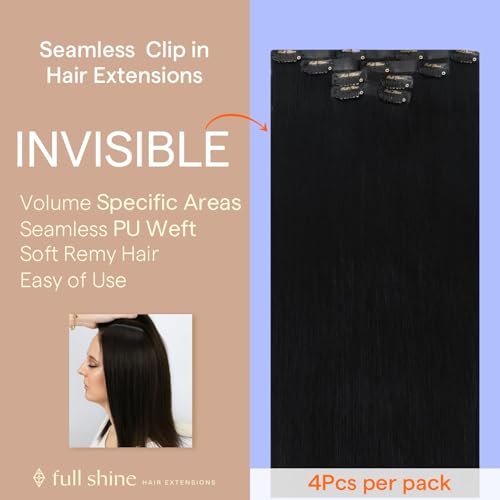 Image of Full Shine Invisible Clip in Hair Extensions, Jet Black Human Hair, 4 Pcs