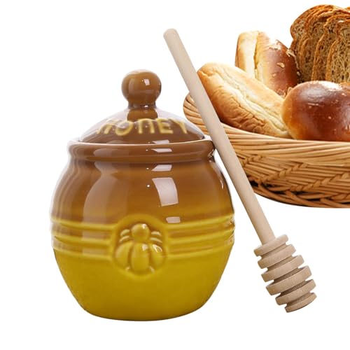 Distributeur De Miel - Pot De Miel En Céramique Rétro Avec Bâtonnet En Bois, Pot Cadeau Pour Le Miel, Pots De Miel, Pots De Miel Avec Cuillère | Récipient À Miel Avec Décor D'abeille, Bâtonnet En Bois
