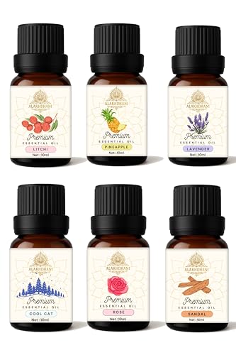 Image of Aroma Diffuser Oil Combo of 6 x 10ml - 60ml | Litchi, Pineapple, Lavender, Cool Cat, Rose, Sandal | Toxin-Free | for Diffuser, DIY, Aroma Use | Pack of 6