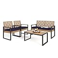 HERA'S HOUSE Patio Furniture Set, 4 Pieces Outdoor Wicker Furniture with Coffee Table, All Weather Rattan Outside Conversation Set for Lawn Deck Backyard (Yellow Rattan + Navy Blue Cushion)