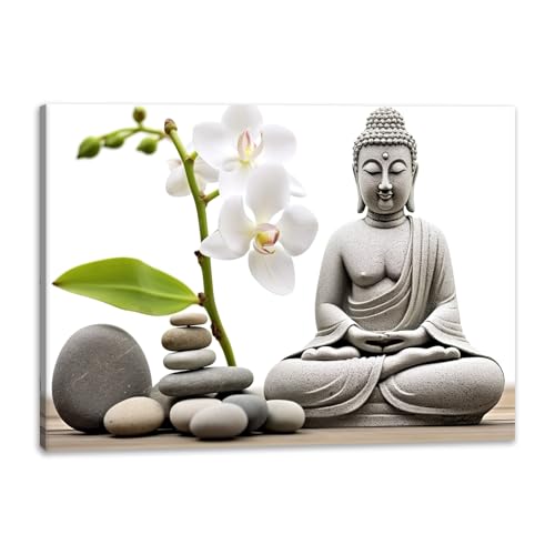 JINLUNTA Buddha Canvas Wall Art White Orchid Stacked Stones Picture