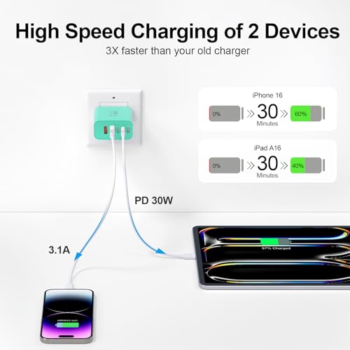 Image of USB C Charger Block, 60W 5-Port Type C Charger Fast Charging Blocks | USBC Multiple Port Wall Charger Plug for iPhone 17 /16 /15 /14 /13 /12 /11 Pro Max, Samsung Galaxy, Android Phone, iPad, Green