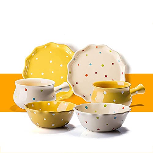 ABNNHK Platos de Cena Elegantes, Juego de vajilla Fina, Juego de vajilla de 6 Piezas, Juegos Combinados de cerámica Pintados a Mano con ensaladera, Plato de Postre, Mango, Servicio de Taz