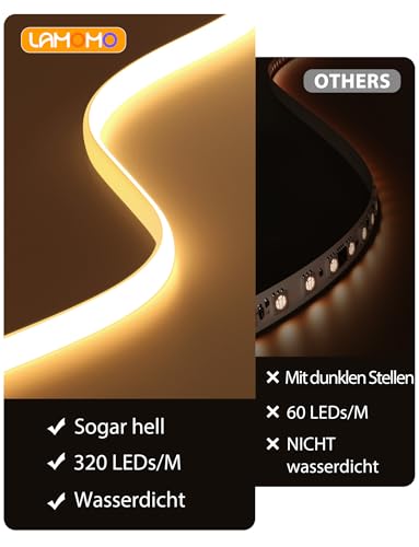 Lamomo COB LED Streifen, Warmweiss Dimmbar 3M LED Strip mit Fernbedienung, 3000K Selbstklebend Wasserdicht Neon Led Leiste, 10mm Breit, Silikon Flexibel Lichtleiste für Innen Schrank Deko, CRI90+