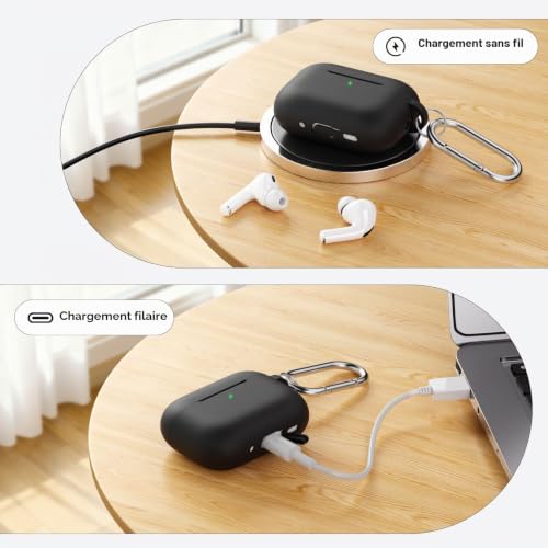 Molylove Coque en silicone compatible avec AirPods Pro 3 (2025), étui de protection pour AirPods Pro 3ème génération avec brosse de nettoyage, coque en silicone antichoc Kit & mousqueton (Noir) – vue 5