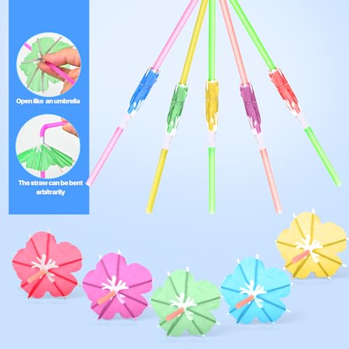 【100 PCS】Umbrella Straws for Drinks - Colorful Cocktail Straws with Mini Umbrellas, Tiki Party Supplies, Hawaiian Luau Tropical Theme, Parasol Drinking Straws for Margarita, Pina Colada, Beverages.