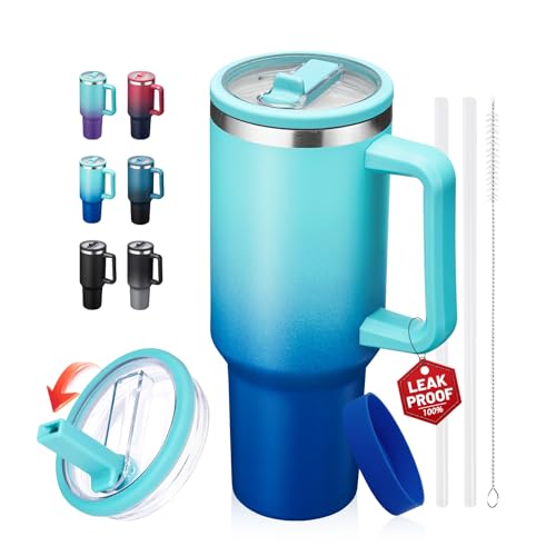 Image of 40oz Tumbler with Handle and Flip Straw Lid, Leak-Proof Insulated Stainless Steel Mug, Keeps Drinks Cold 34H Hot 10H, Fits in Car Cup Holder, Travel Coffee Cup for Gym, Work, Office, for Woman Man
