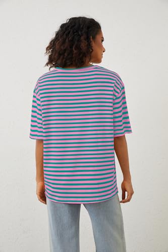 LAUWEE Camisetas de gran tamaño a rayas para mujer, de manga corta, cuello en V, casuales, holgadas, con bloques de color, hombros caídos, camisetas de verano con bolsillo, Rosa y verde., L