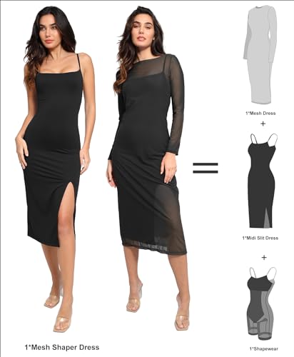 Image of Popilush Mesh Shapewear Dress Corset Date Night Dresses for Women Two Piece Club Outfits with Slit