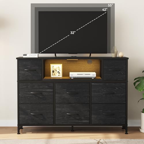 Image of DUMOS TV Stand Dresser with 8 Fabric Drawers and Open Shelves, LED Entertainment Center with Charging Station, Wood Top Media Console for 45-55 inch, Bedroom, Woodgrain Black
