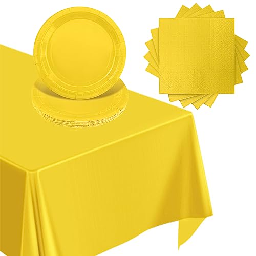 POPOYU Partygeschirr Set Gelb,37 Stück Gelb Party Geschirr Liefert Pappteller Servietten Tischdecke Gelb·Partygeschirr Set für Kinder Geburtstagsparty Dekoration,Ostern,Babydusche,Bauernhoftiere Party
