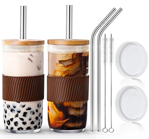 Ipow 24Oz Glass Cups With Lids And Metal Straws 2 Pack, Iced Coffee Cups With Bamboo Lids, Cute Boba Cup With Non-Slip Sleeve, Clear Drinking Glasses For Bubble Tea, Smoothies, Juices, Sauces #TOP22