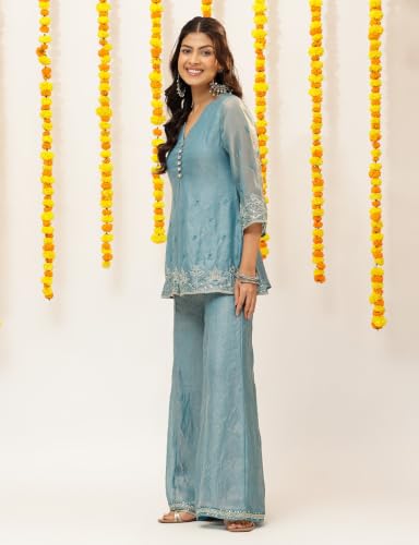 Image of Vbuyz Women Floral Embroidery Stylish A-Line Fandy Silk Kurta With Palazzo