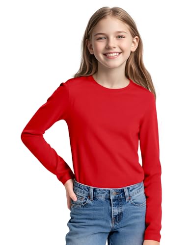 Image of KEREDA Girls Long Sleeve Shirts Soft Cotton T-Shirts Crewneck Basic Tees for Kids and Teen Girls Tops Clothes