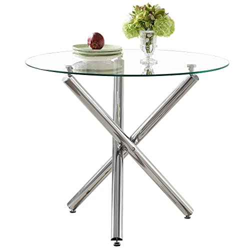 Modern Round Dining Table With Clear Tempered Glass Top, 3 Chrome Legs Kitchen Table For 2 Or 4 Person,Round Dining Table Furniture For Home Office Kitchen Dining Room(W 35.4 X L 35.4 X H 29.5 Inch) #TOP3