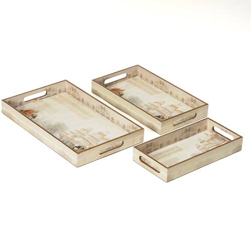 Image of Set of 3 Waterproof Wooden Trays - Royal Heritage Design with Palace & Elephant Artwork, Multipurpose Lacquer Coated MDF Serving Trays (16x10, 14x8, 12x6 Inches)(Setof3- WhiteElephant)