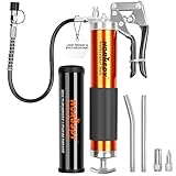 HORUSDY Heavy Duty Grease Gun with 14oz Grease Tubes | Grease Gun Flexible Hose | 7000 PSI | 18 Inch Spring Flex Hose | 2 Working Coupler | 2 Extension Rigid and 1 Sharp Type Nozzle Included