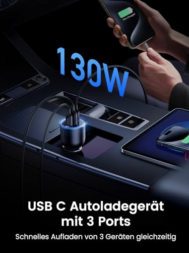 UGREEN 130W Zigarettenanzünder Schnellladen USB C 100W & 30W PD/QC Auto Ladegerät 3-Port 12V-24V KfZ Zubehör für MacBook Pro, iPhone 17/17Pro/17Pro Max/17 Air/16-12, iPad, Galaxy S25/S24
