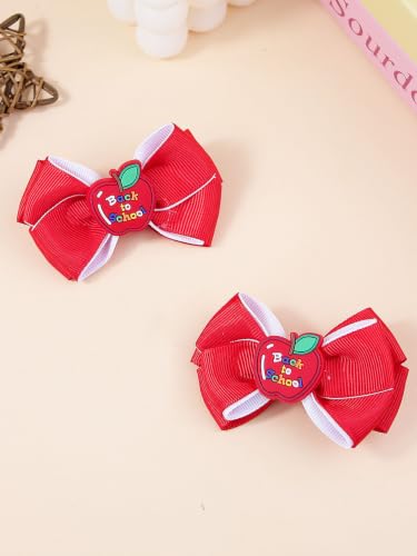 Navy Hair Bow for Girl Back to School Hair Clip, Women Toddler School Hairs Accessories Bowknot Clips Barrette with Cartoon ABC, Pencil, Book, Apple TSFC12 (Red Apple Set) image 4