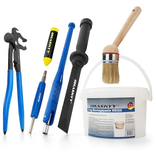 5kg Reifenmontagepaste Montagepaste Weiß Reifenmontage Set inkl. Ventildreher, Ventileinzieher, Auswuchtzange für Schlaggewichte & Fettkreide
