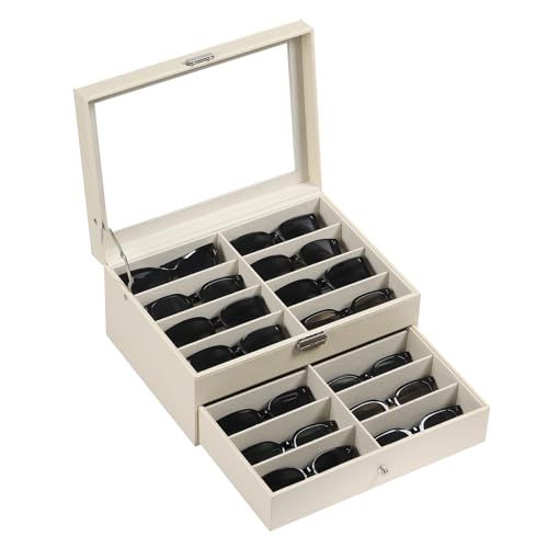 AUTOARK Organizador de cuero para 16 lentes y gafas de sol, organizador con cerradura, beige, MKAW203