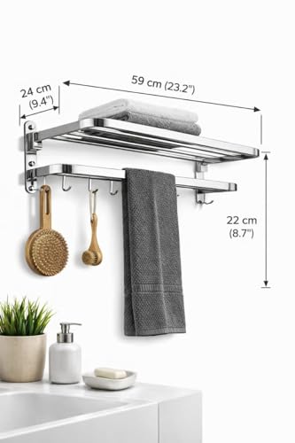 Image of Natheeph Towel Holder in Bathroom,(Silver) - Towel Hange Round Edges Stainless Steel Foldable, Rustproof Wall Mounted Bathroom Shelf with Hooks, Heavy Duty Bathroom Accessories