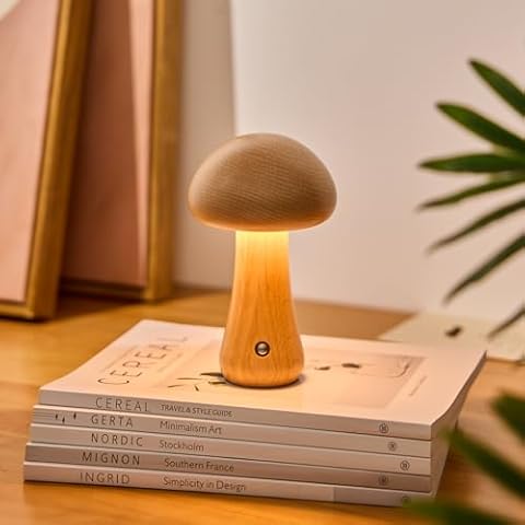 Lalavon Wooden Mushroom Lamp, Portable Cordless Small Lamp, Rechargeable Battery Operated Lamp, 3 Colors Stepless Dimming, Night Light for Birthday Gifts(Beech/6.5" H) Cover