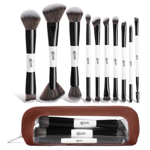 NEONIQ 10 PCS Travel Makeup Brush Set With Bag Makeup Brushes Double-End Multi-functional Brushes for Foundation Powder Blush Eyeliner Eyeshadows Professional Face Brush SetWhite