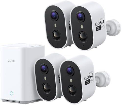 aosu Wireless Outdoor Security Camera Kit with aosuBase Local Storage, 2K with 6X Zoom, 4-View Live, Cross-Camera Person Timeline, PIR + AI Human Detection, Color Night Vision, 4-Cam-Kit