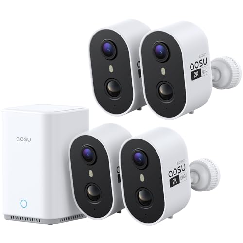 aosu Wireless Indoor/Outdoor Security Camera Kit with aosuBase Local Storage, 2K with 6X Zoom, 4-View Live, Cross-Camera Person Timeline, PIR + AI Human Detection, Color Night Vision, 4-Cam-Kit