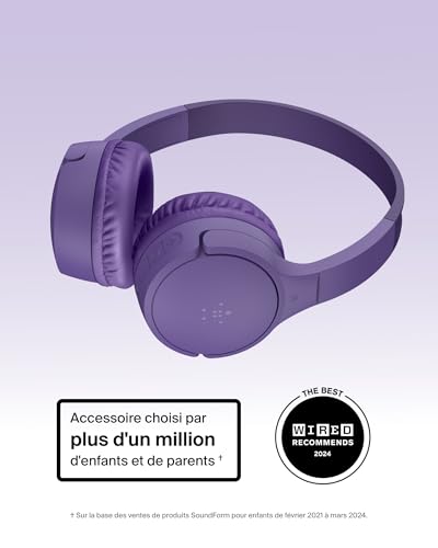 Belkin SoundForm Mini Casque Audio sans Fil pour Enfants avec Micro intégré (Circum-aural, autonomie de 30 h, pour Apprentissage, Voyages, Autocollants Amusants, pour iPhone, iPad, Galaxy, Violet)