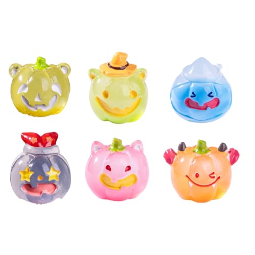 6個パック ハロウィンデコレーション ダークカボチャで光る ミニチュアフィギュア ユニークなピエロ魔女デザインの装飾品 夜光るハロウィンデコレーション 卓上ディスプレイ用