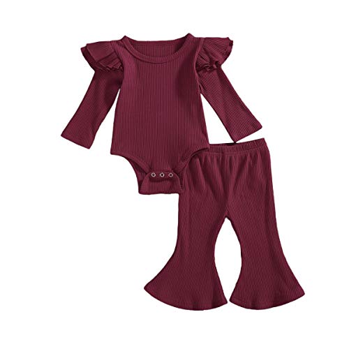 Image of Yingyingni Newborn Baby Girl Clothes Long Sleeve Bodysuit Tops+Flared Trousers Pant Set Cute Bell Bottom Outfit 2Pcs