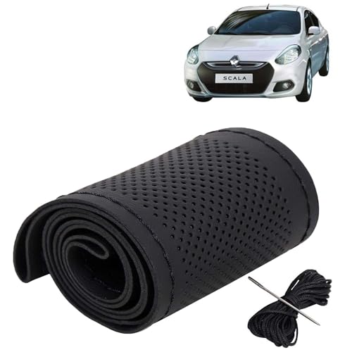 Image of KINGSWAY PU Leatherite Car Steering Cover Sewable Compatible with Renault Scala (Year 2011-2018), Black Color with Black Thread, Pack of 1 with Sewing Needle and Thread