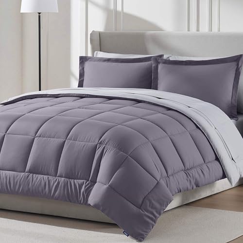 Nestl 9 Piece Full Comforter Set – Grayish Purple Reversible Bed in a Bag – Complete Full Size Bedding Set with Sheets, Set of 2 Down Alternative Pillows, Pillowcases and Shams
