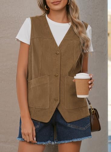 Dokotoo Womens Corduroy Vests Outerwear 2025 Button-Down Lightweight Waistcoat Sleeveless Jacket Casual Vest4