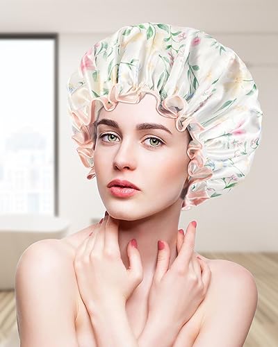 Aquior Shower Cap for Women, Reusable Shower Caps Double Layer Waterproof Womens Girls Adult Hair Cap for all Hair Lengths with EVA Lining, Soft Shower Caps for Long Thick Hair