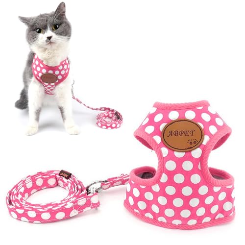 Ranphy Polka Dot Cat Harness Escape Proof Small Dog Harness and Leash Set No Pull Soft Mesh Padded Adjustable Outdoor Walking Puppy Vest,Pink,M