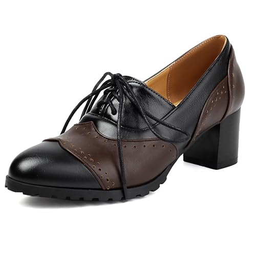 Oxfords femme talon bloc moyen bout rond daily chaussures marron noir de taille grande 36 à 43