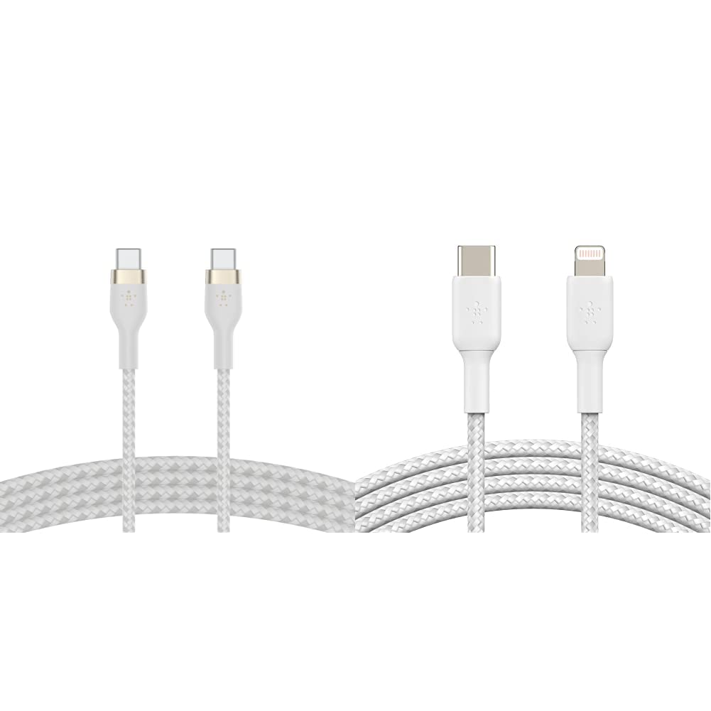 Photo 1 of Belkin BoostCharge Pro Flex Braided USB Type C to C Cable (2M/6.6FT) White & Braided USB C to Lightning Cable MFi Certified iPhone Fast Charger Type C (White) C to C, 2M Cable + Charger Type C White
