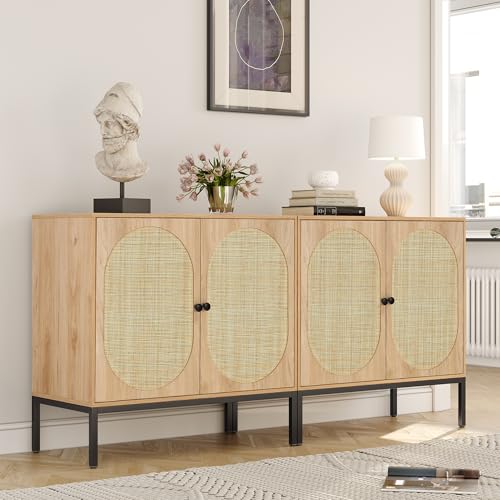 Yechen Set of 2 63' Sideboard Cabinet with Natural Rattan Hand-Woven Doors, Rattan...