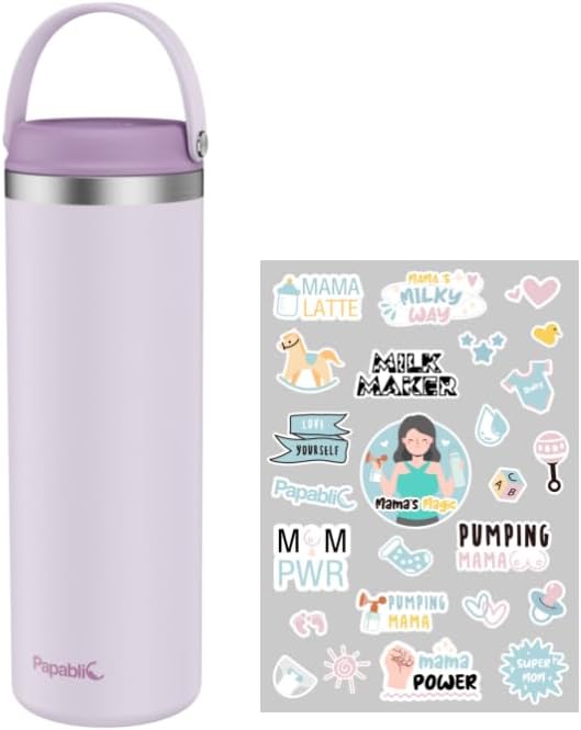 Papablic 20oz Portable Breast Milk Cooler with Cute Stickers, Large Capacity Travel Breastmilk Chiller with 2 Baby Bottles for Breastmilk Storage, Lilac Purple